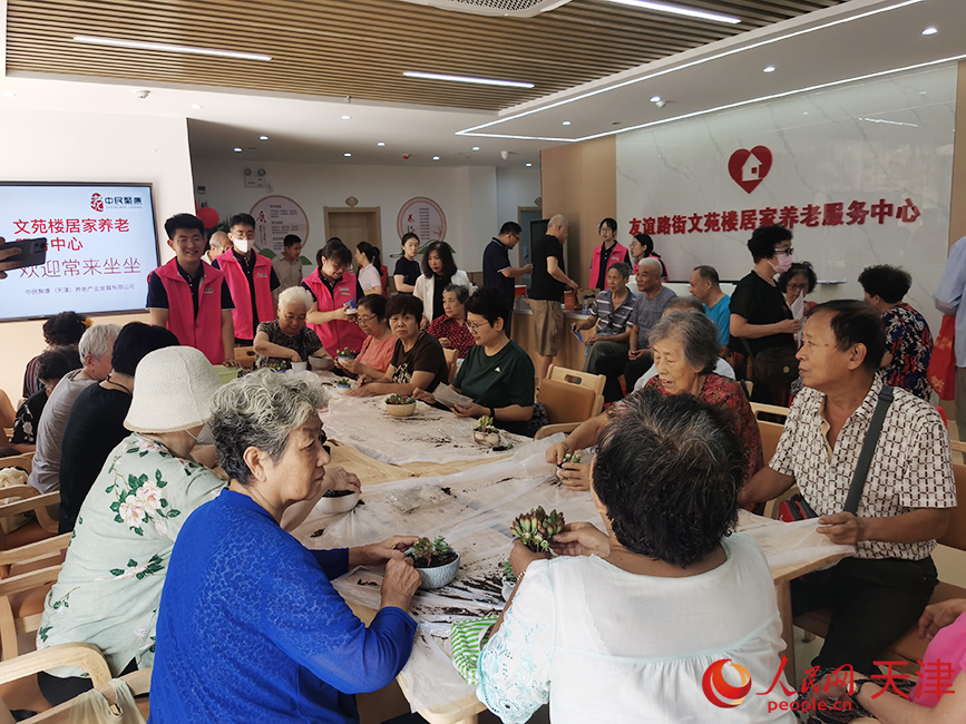 文苑楼居家养老服务中心开办首场学习班，现场教授老年人种植多肉植物。人民网记者 陶建摄